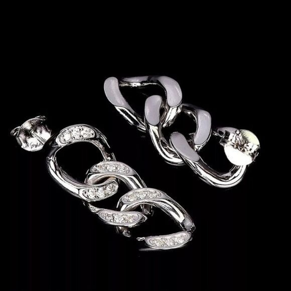 925 Sterling Silver Chain Stud Earrings with CZ - Picture 2 of 3